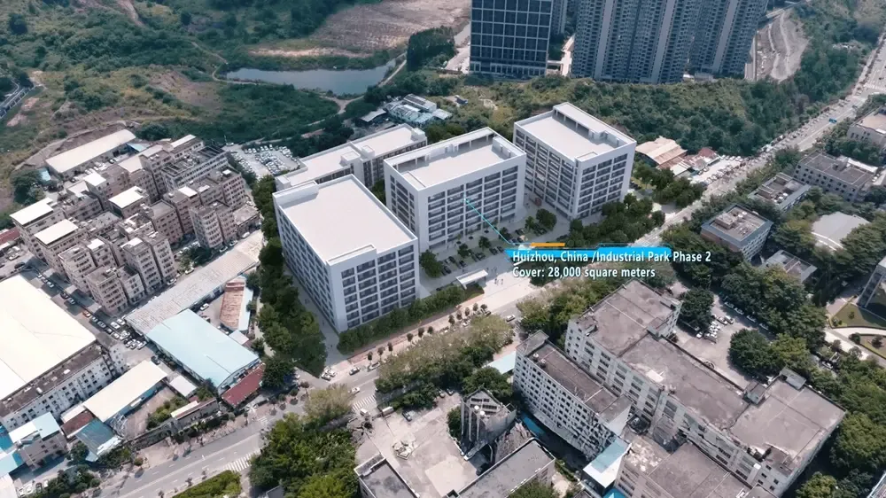 Aerial view of BSJ's second industrial park in Huizhou: three production blocks.
